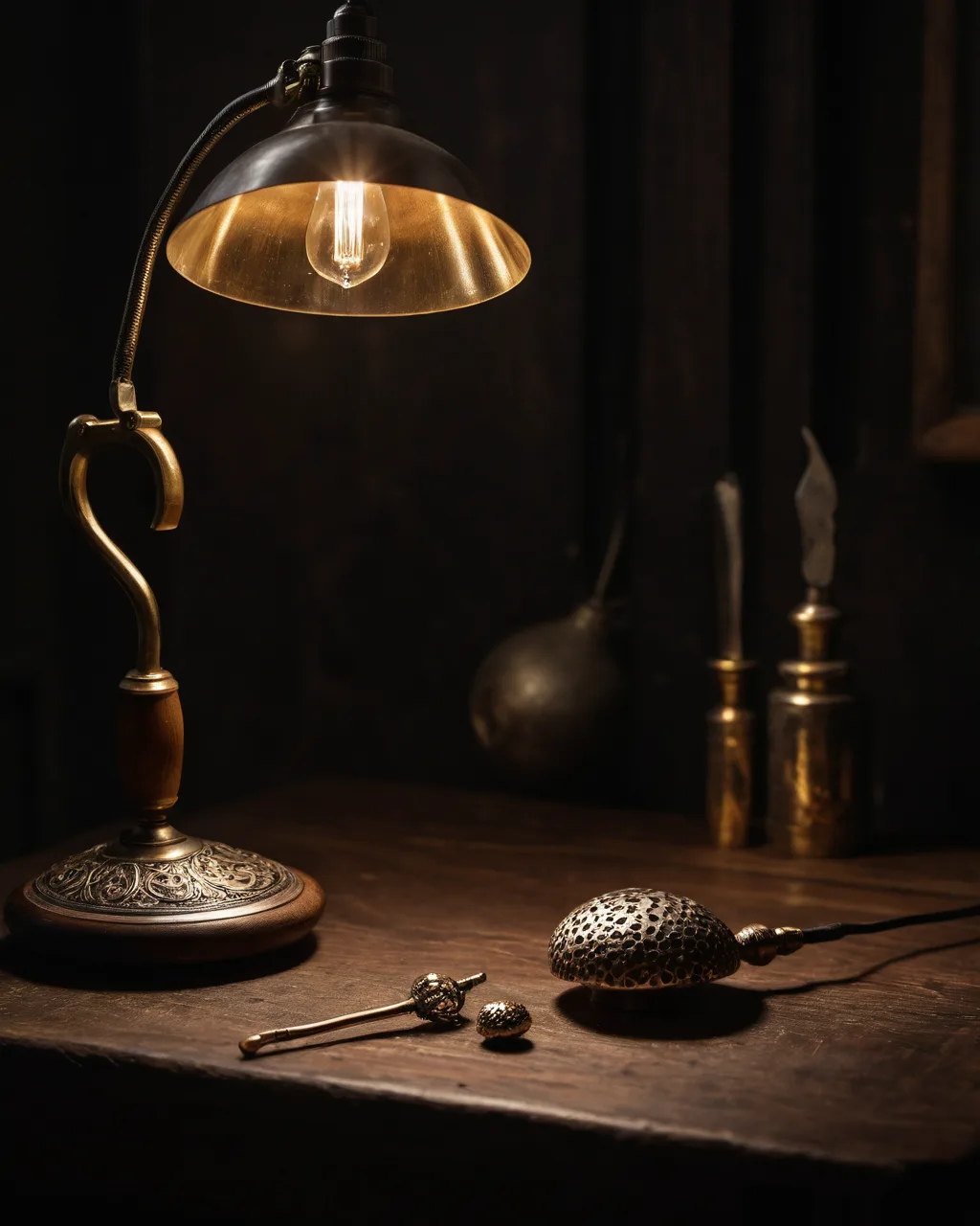 Lampa de lucru a bijutierului deasupra mesei, cu unelte mărunte